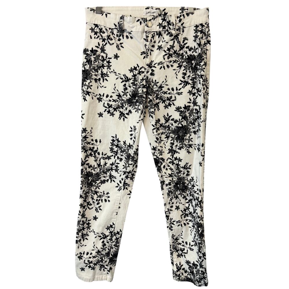 Calvin Klein Jean Pants Size 6 Black‎ and White Floral Ankle Length